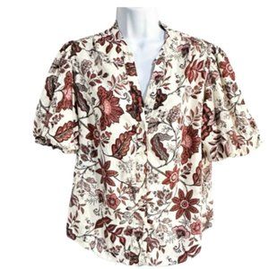 Joie Cream Burgundy Floral Print Short Puff Sleeve Linen Blend Shirt Size S EUC